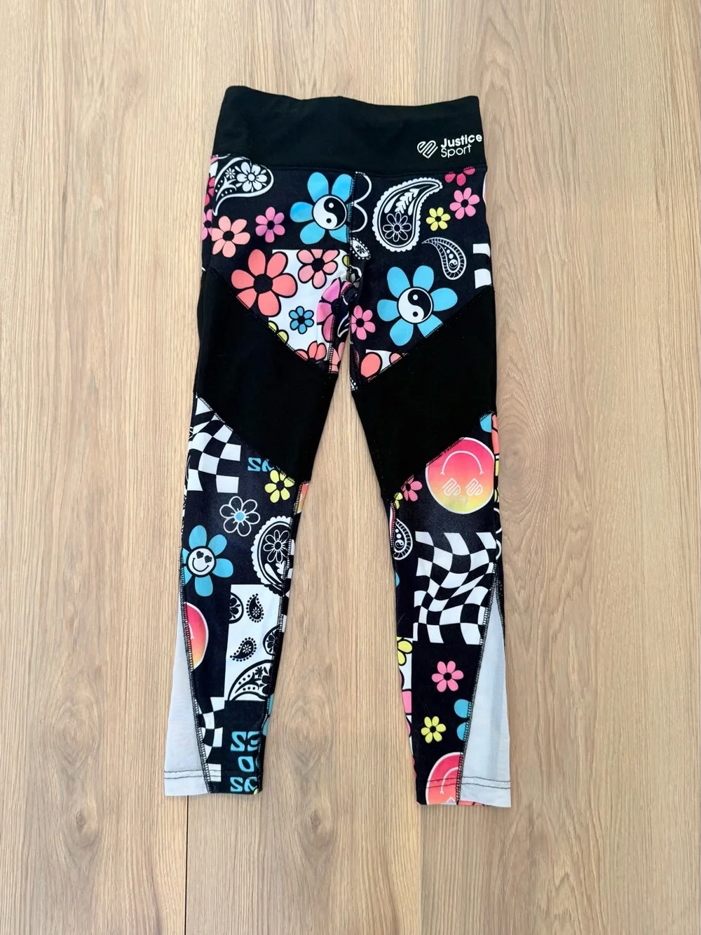 Justice Girls' Black Floral & Checkerboard Active Leggings